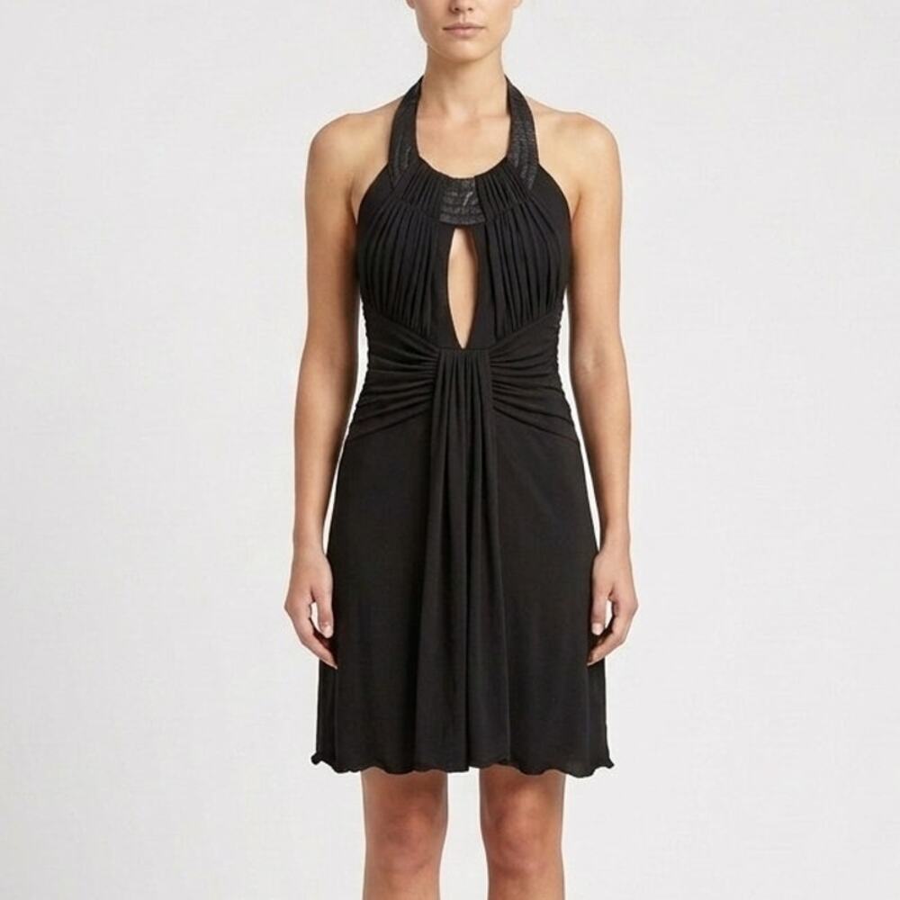 Sky Draped Dress Sleeveless Leather Trim Halter Tie Keyhole Mini Black NWT XS
